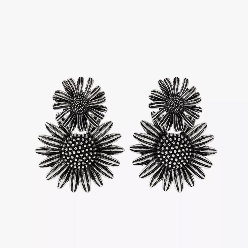 ZARA Double Flower Drop Earrings Silver Pewter Tone NWT